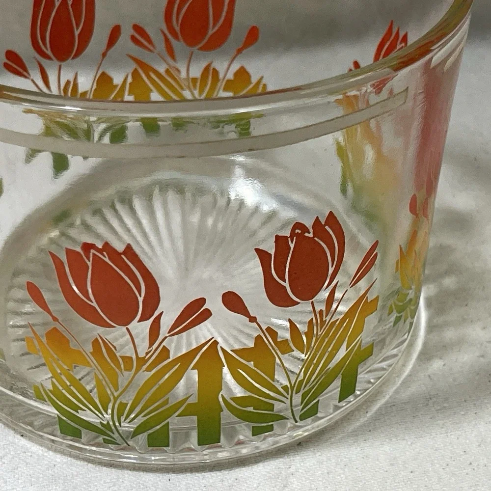 VTG‎ MCM Retro Glass Barware Ice Bucket Bowl Orange Red Yellow Tulip Flower RARE